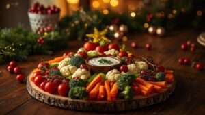 Festive Christmas vegetable tray with homegrown broccoli, carrots, tomatoes, and cauliflower arranged as a tree, set on a holiday table.