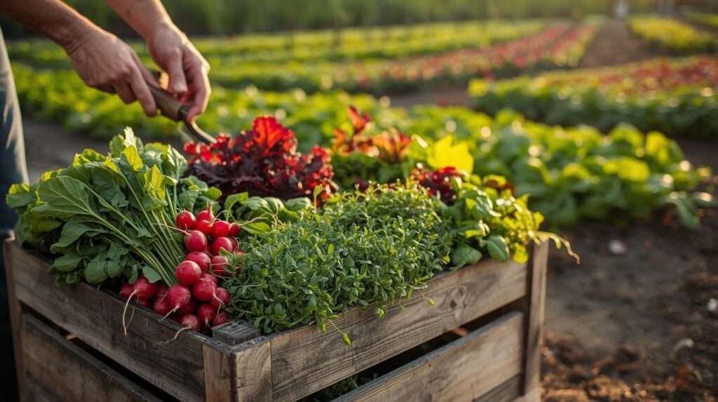 Freshly harvested quick growing vegetables like radishes and lettuce in a crate, set in a vibrant garden for fast harvests.
