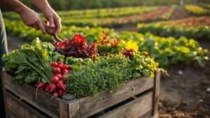 Freshly harvested quick growing vegetables like radishes and lettuce in a crate, set in a vibrant garden for fast harvests.