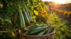 Lush garden with freshly harvested courgettes, showcasing what are courgettes vegetables in a vibrant, inviting scene.