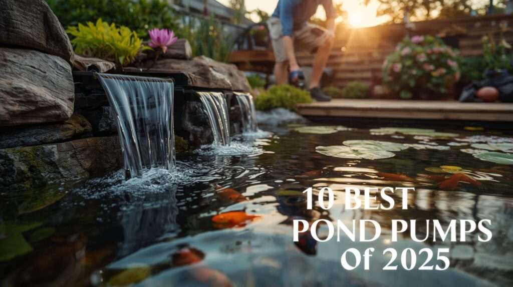 Serene backyard pond with clear water, cascades, and koi, powered by a pond pump, with a gardener adjusting it under a golden sunset