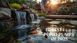 Serene backyard pond with clear water, cascades, and koi, powered by a pond pump, with a gardener adjusting it under a golden sunset