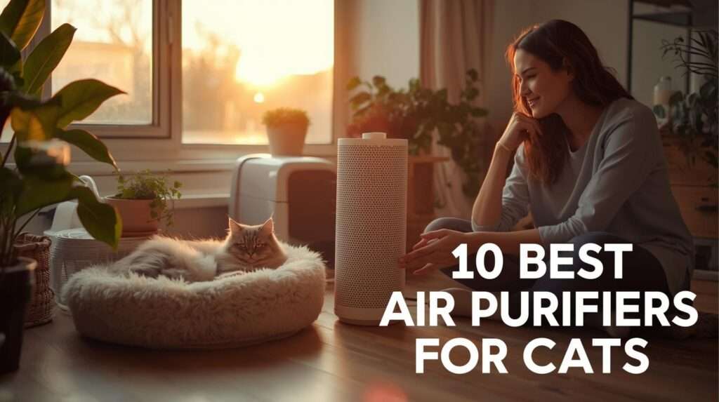 Cozy living room with a sleek air purifier for cats, a lounging Persian cat, and a smiling owner adjusting it under a golden sunset
