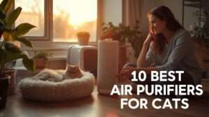 Cozy living room with a sleek air purifier for cats, a lounging Persian cat, and a smiling owner adjusting it under a golden sunset