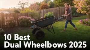 Lush garden with a sturdy best dual wheelbarrow loaded with soil, pushed by a gardener under a golden sunset