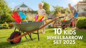 Sunny garden with kids using a sturdy kids wheelbarrow set, loaded with tools, under a bright sky.