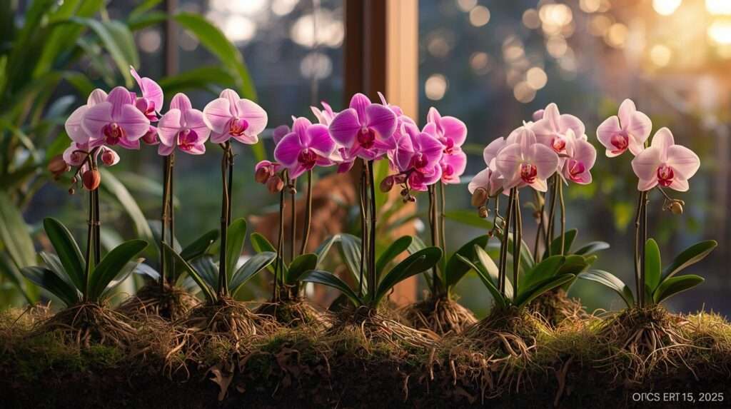 Lush orchids blooming in orchid soils, showcasing vibrant flowers in a serene indoor garden.