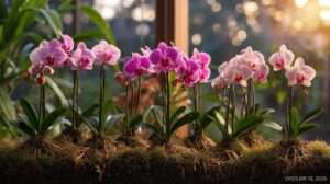 Lush orchids blooming in orchid soils, showcasing vibrant flowers in a serene indoor garden.