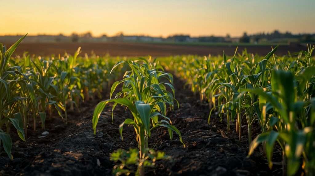 Thriving crops in a field enhanced by soil enhancer, showcasing healthy growth at dusk.