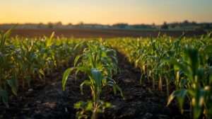 Thriving crops in a field enhanced by soil enhancer, showcasing healthy growth at dusk.