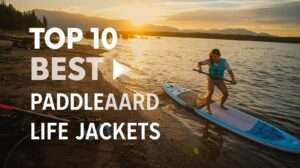 A paddler on a SUP board at sunset, wearing a bright best paddle board life jacket, with mountains and gear in the background, overlaid with text: “Top 10 Best Paddle Board Life Jackets of 2025