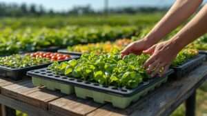 Vibrant farm scene with healthy vegetable seedlings in various trays for vegetables on a wooden table, with a farmer’s hands and a lush field in the soft-focus background, showcasing agricultural efficiency and sustainability.