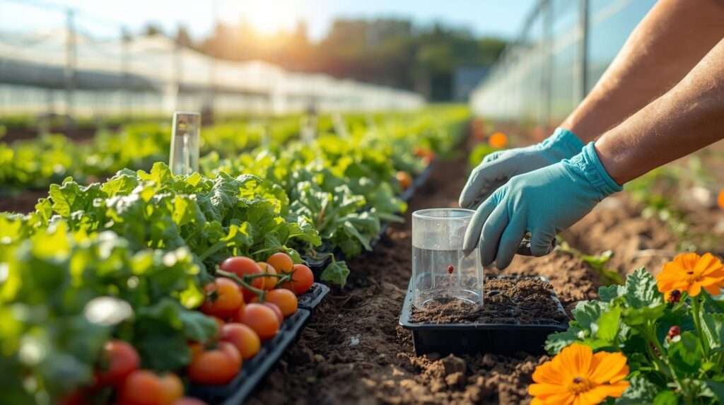 Farmer inspecting pest-free vegetables with a pheromone trap and ladybug in a vibrant field, with row covers and a drone, highlighting prime pest control for a thriving farm.