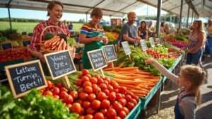 Vibrant farmers’ market with pun-inspired signs on vegetable stalls, featuring smiling farmers and customers, highlighting vegetable puns in a joyful, sunlit farm setting.