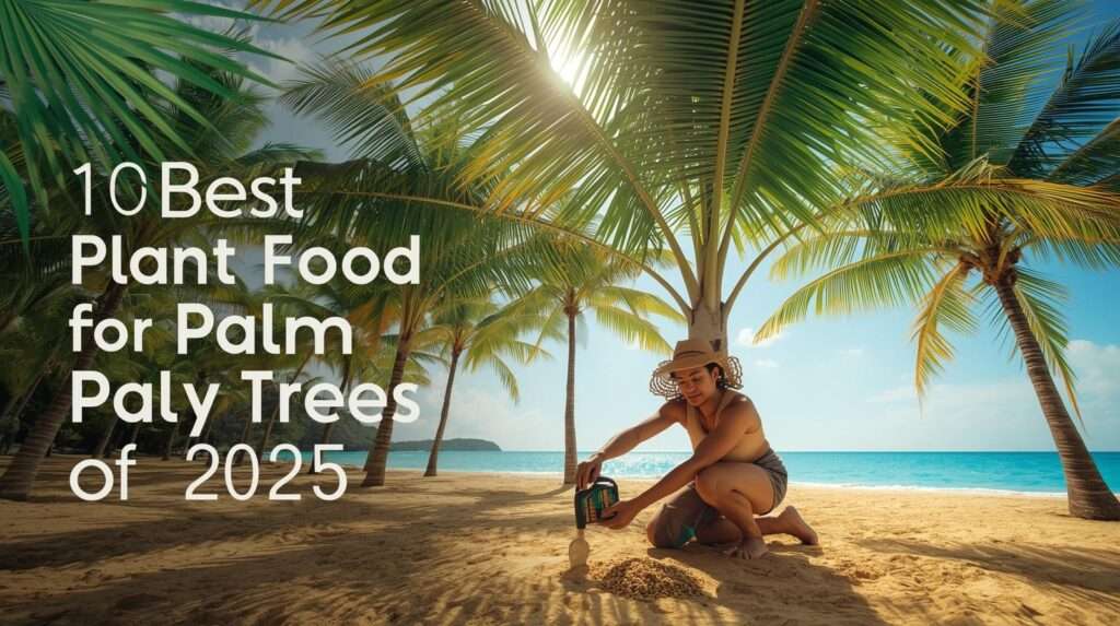 A realistic tropical beach at 10:15 AM on October 18, 2025, with lush palm trees, a gardener applying best plant food for palm trees, and text "Top 10 Best Plant Food for Palm Trees 2025" overlaid.