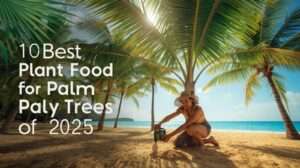 A realistic tropical beach at 10:15 AM on October 18, 2025, with lush palm trees, a gardener applying best plant food for palm trees, and text "Top 10 Best Plant Food for Palm Trees 2025" overlaid.