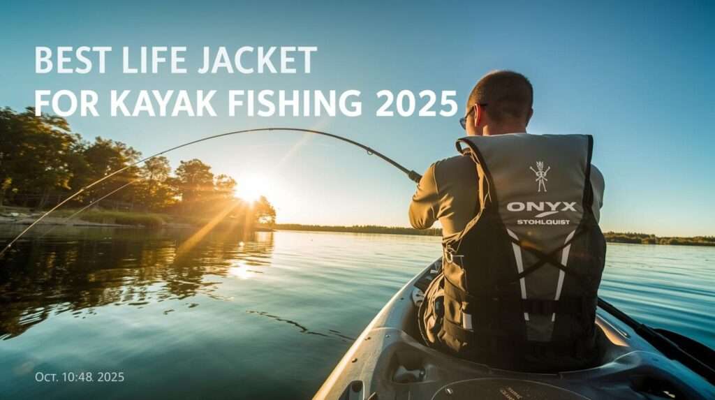 A realistic kayak fishing scene at 10:49 AM on October 18, 2025, with an angler in a best life jacket for kayak fishing, casting on a lake, text "Top 10 Best Life Jacket for Kayak Fishing 2025" overlaid.