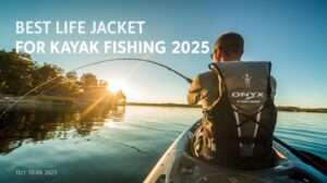 A realistic kayak fishing scene at 10:49 AM on October 18, 2025, with an angler in a best life jacket for kayak fishing, casting on a lake, text "Top 10 Best Life Jacket for Kayak Fishing 2025" overlaid.