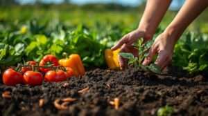 Gardener planting a seedling in rich ocean forest soil with vibrant tomatoes and lettuce in a lush, sunlit garden, showcasing thriving, sustainable growth.