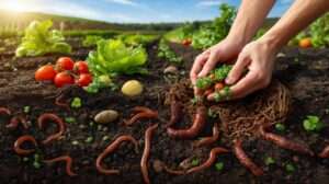 Gardener’s hands in rich soil with earthworms and compost, surrounded by thriving tomatoes and lettuce, showcasing a good soil community in a lush, sunlit garden.