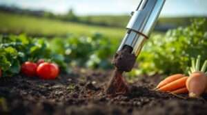 Gardener using a soil sample probe to collect soil from a thriving garden with tomatoes and lettuce, highlighting soil health in a sunlit, vibrant setting.