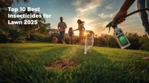 A realistic lawn scene at 07:23 PM on October 20, 2025, with a family enjoying a pest-free yard, using best insecticide for lawn, text "Top 10 Best Insecticide for Lawn 2025" overlaid.