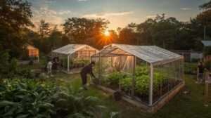 A simple garden scene at 08:19 PM on October 20, 2025, with greenhouses, healthy plants, a gardener, and text "10 Best Greenhouse Plastic 2025" overlaid