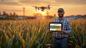 Farmer in thriving cornfield using tablet with pest control advertising, drone spraying, and digital ad display, showcasing modern farm marketing in 2025.