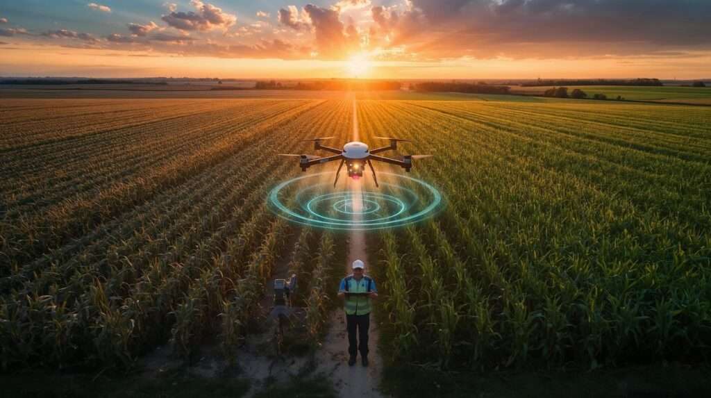 Aerial drone view of farmer using tablet and DJI Agras T40 over cornfield at sunset, showing pest damage vs. healthy crop with best tools for pest management in 2025.