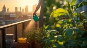 Urban farmer on balcony using neem spray, sticky traps, and beneficials to protect container garden, showing pest damage vs. healthy plants with apartment pest control in 2025.
