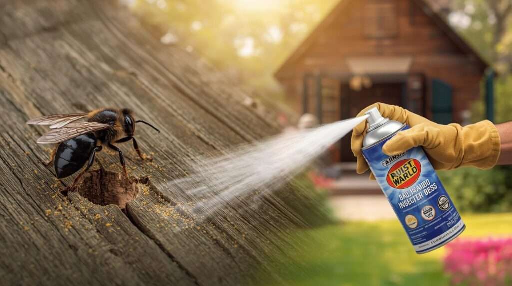 A carpenter bee drilling a hole in a wooden deck, sprayed with foam from an insecticide for carpenter bees, highlighting the 10 best insecticides for carpenter bees to stop wood damage in 2025.
