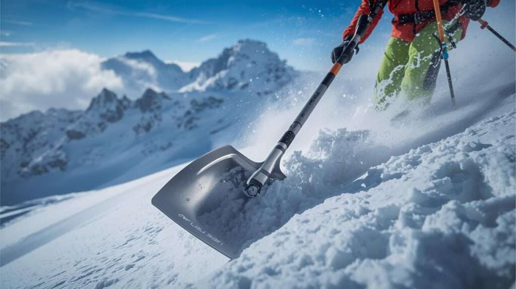 A skier digging with an avalanche shovel in snowy backcountry, showcasing the 10 best avalanche shovels for life-saving rescues in 2025.