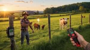 Farmer installing a best electric fence with polytape and solar energizer, protecting livestock and gardens in a rural 2025 setting.