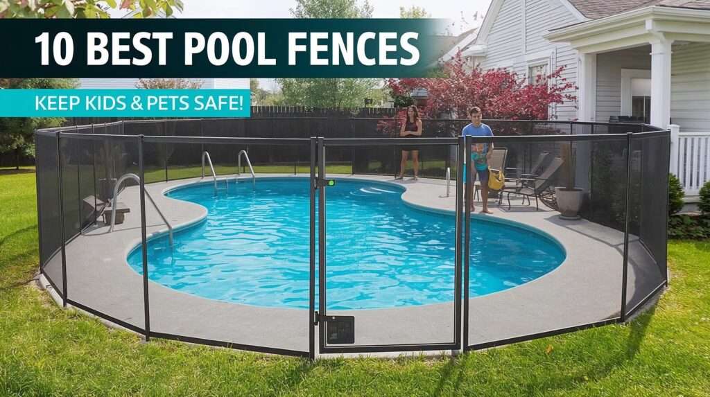 Parent and toddler behind a best pool fence, protecting kids and pets around a 2025 inground pool.