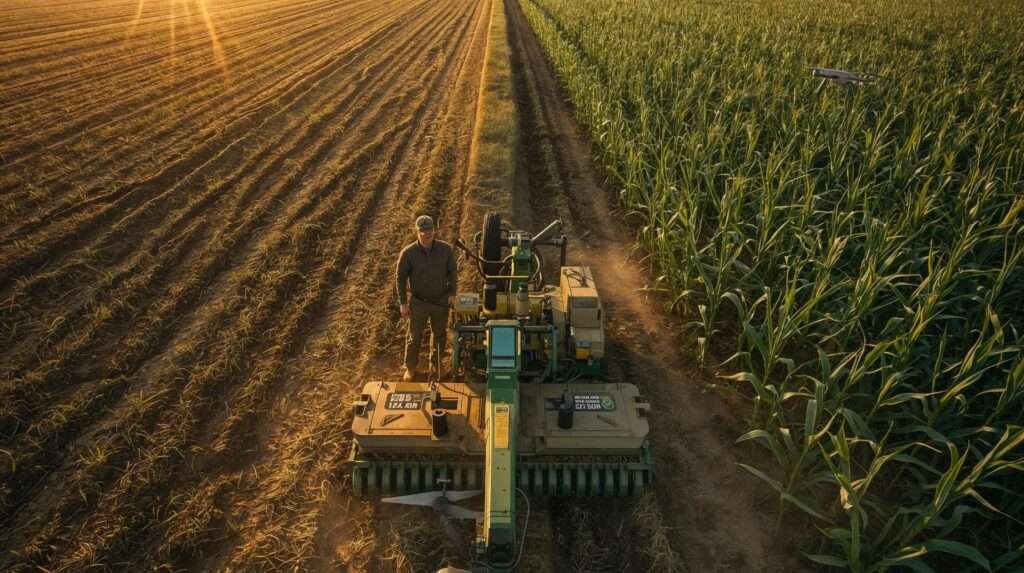 Split aerial view of cornfield showing bare soil with weeds vs. thriving crop under thick rye mulch from mulch and mow, with flail mower in action at sunrise.