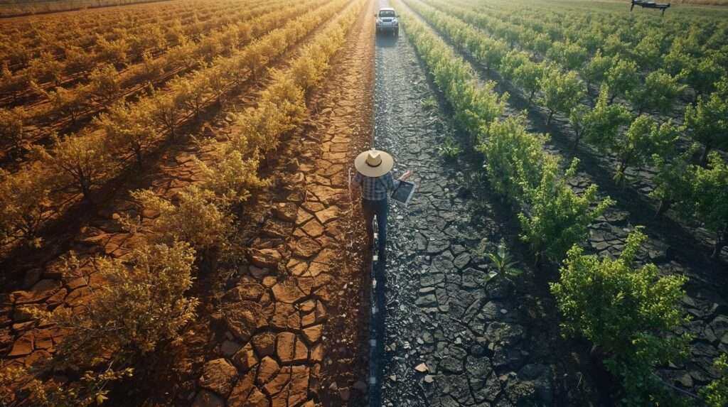 Aerial split-view almond orchard showing dry, stressed trees vs. thriving crop under lava stone mulch, with thermal tablet and drip line in 2025