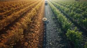 Aerial split-view almond orchard showing dry, stressed trees vs. thriving crop under lava stone mulch, with thermal tablet and drip line in 2025