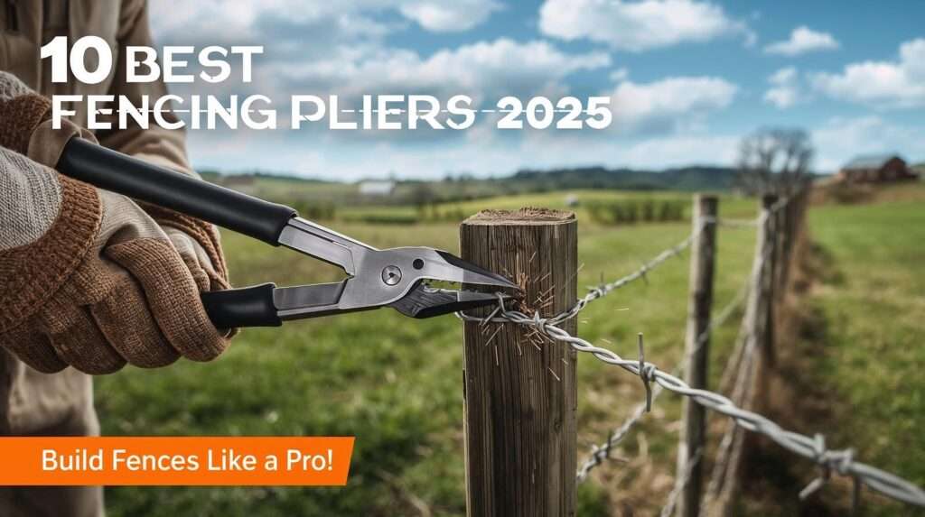 Farmer using best fencing pliers to twist barbed wire on a T-post in a 2025 rural field.