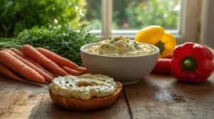 Rustic table with vegetable cream cheese and fresh carrots, chives, and bell peppers, showcasing homemade vegetable spreads with a garden backdrop