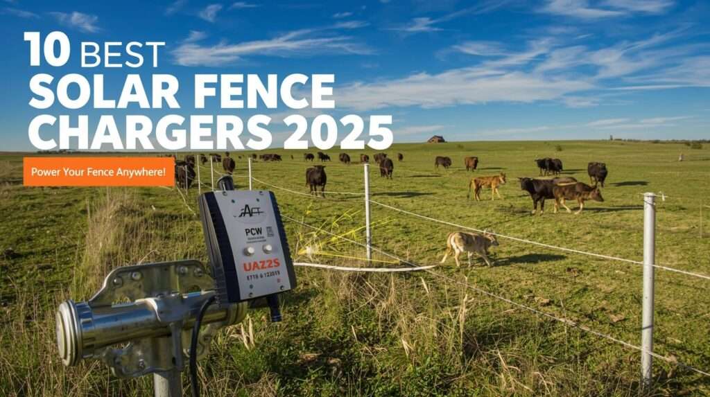 Best solar fence charger on a T-post powering a fence to protect cattle in a 2025 rural pasture.