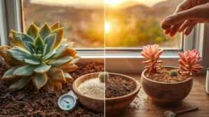 Split windowsill showing droopy vs. thriving echeveria with perlite-pumice succulent cacti soil, featuring DIY mix and happy gardener in 2025.