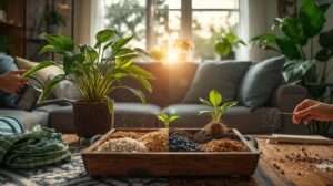 Split living room showing droopy vs. lush ZZ plant with perlite-pumice ZZ plant soil, featuring DIY mix and happy gardener in 2025.