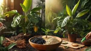 Split indoor jungle showing wilting vs. thriving Monstera with orchid bark-perlite aroid soil mix, featuring DIY blend and happy gardener in 2025.