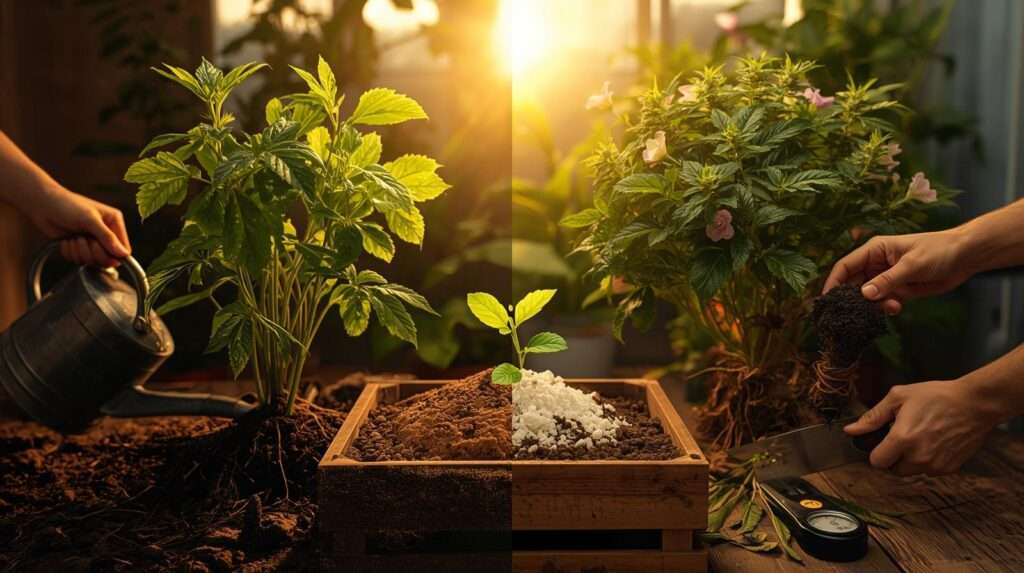 Split grow room showing struggling vs. thriving Amaranth with compost-perlite best soil for plants, featuring DIY mix and happy grower in 2025.