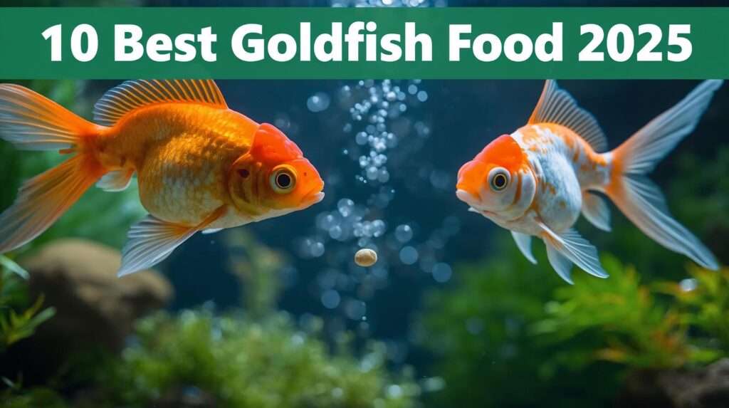 Best goldfish food—sinking spirulina pellet feeding healthy fancy goldfish in lush planted tank.