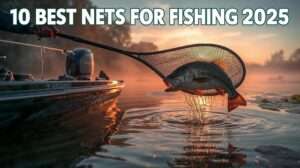 Best nets for fishing—cinematic dawn landing of trophy bass in rubber net, safe CRR, golden sunrise glory.