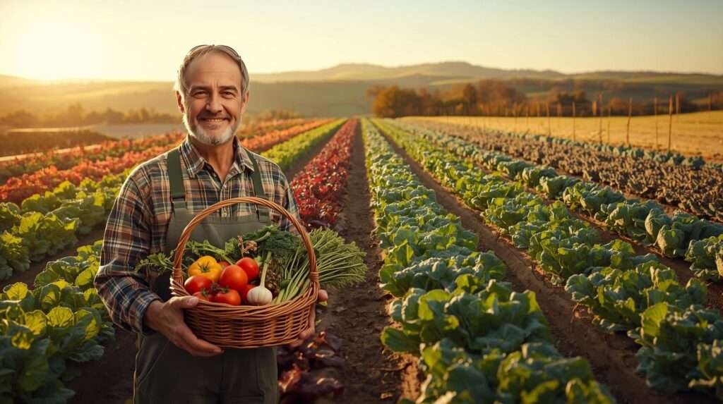 Farmer with a basket of lettuce, tomatoes, kale, and garlic in a seasonal garden, showcasing crop growing seasons for vibrant food crop cultivation.