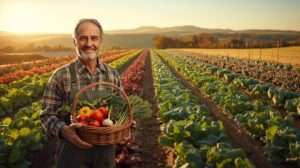 Farmer with a basket of lettuce, tomatoes, kale, and garlic in a seasonal garden, showcasing crop growing seasons for vibrant food crop cultivation.