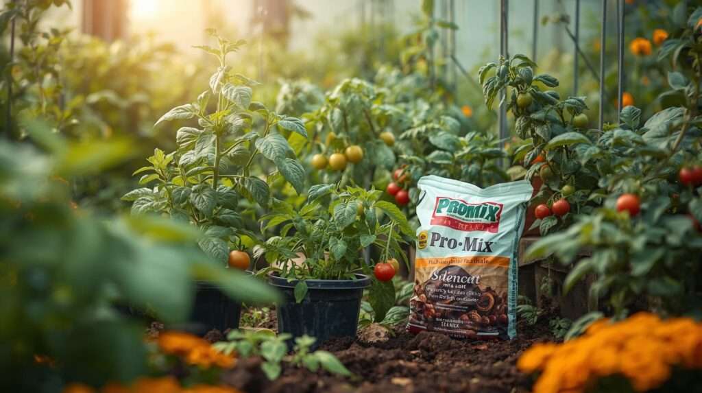 Lush tomatoes, basil, and marigolds in pots with Pro Mix Soil, showcasing garden soil solutions in a sunlit greenhouse for potting mix gardening.