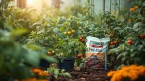 Lush tomatoes, basil, and marigolds in pots with Pro Mix Soil, showcasing garden soil solutions in a sunlit greenhouse for potting mix gardening.